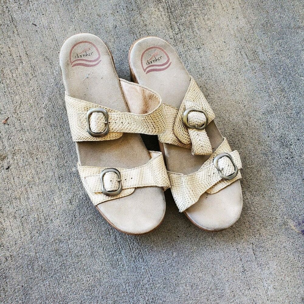 Dansko Sophie Sandal  White & Metallic Gold Snakeskin Slip On Open Toe